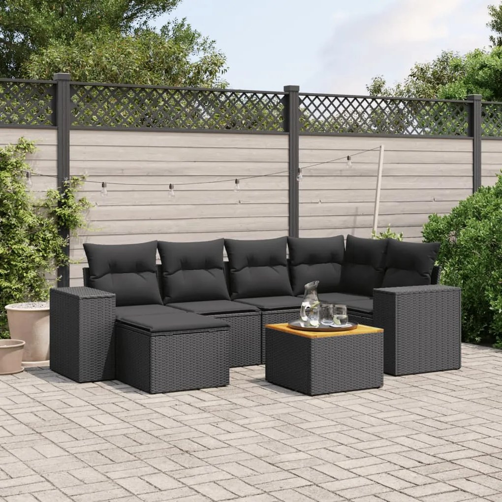 Set Divani da Giardino con Cuscini 7pz Nero Polyrattan