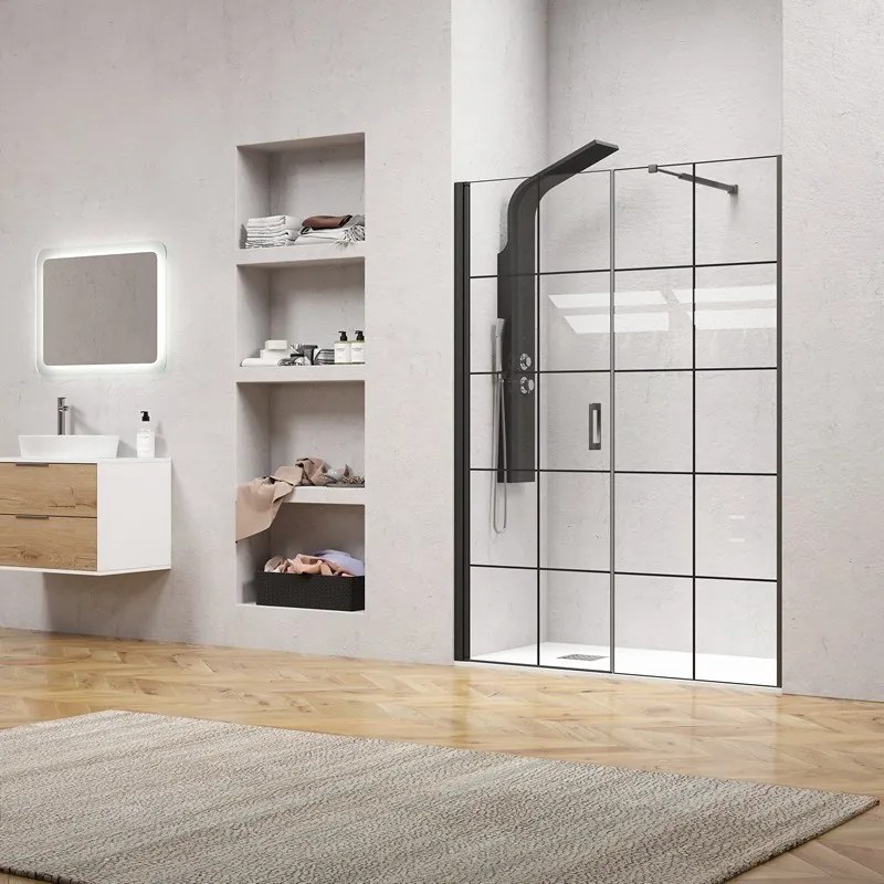 Porta doccia 131-134 cm telaio nero opaco vetro serigrafato | KAM-P5000 - KAMALU