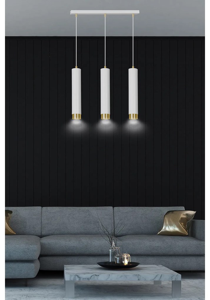 Lampadario 3 Luci Brunilde In Acciaio Bianco E Tubolari In Bianco E Oro