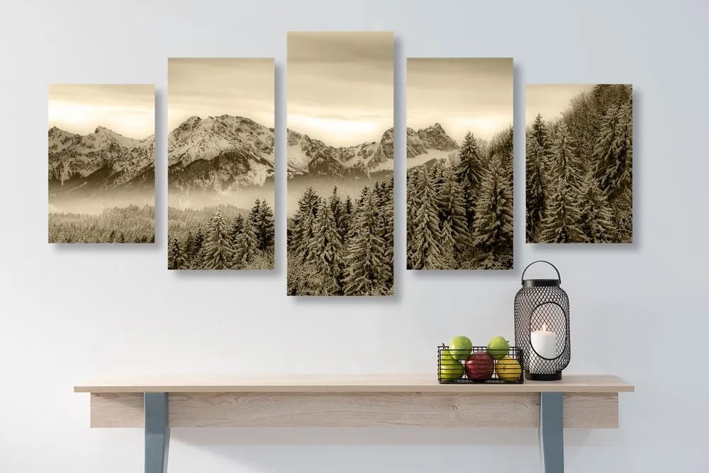 Quadri 5 pezzi – Montagne ghiacciate in seppia