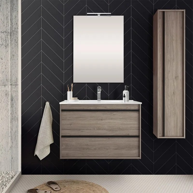 Mobile bagno sospeso 80 cm serie Nilo rovere corteccia con colonna sospesa