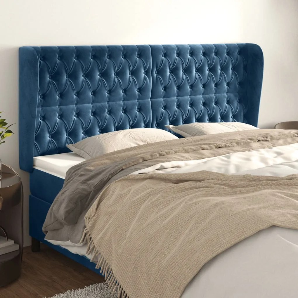 Testiera Ad Orecchio Blu Scuro 183x23x118/128 Cm İn Velluto /
