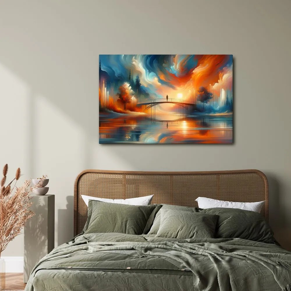 Quadro su tela – Silhouette sul ponte al tramonto
