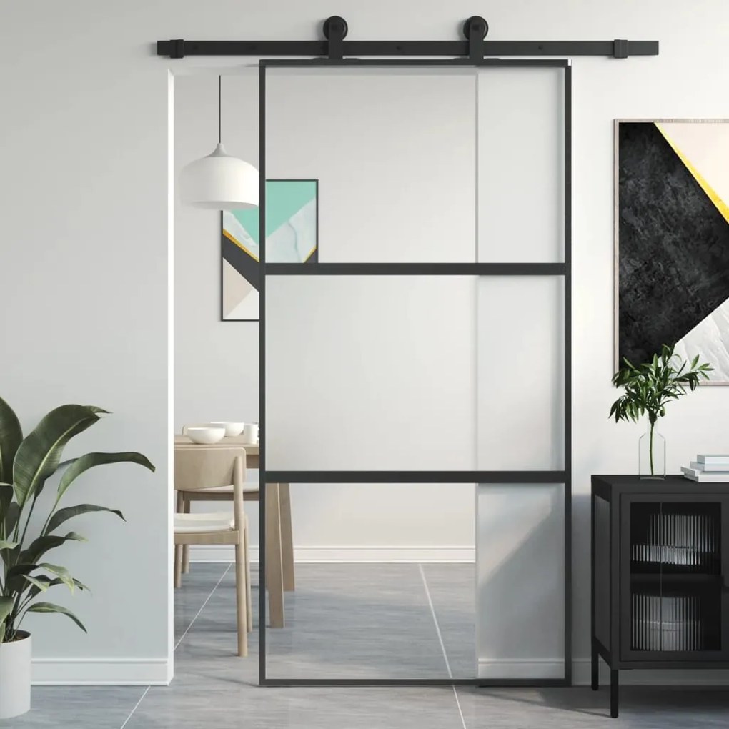 Porta Scorrevole Nera 102,5x205 Cm Vetro Temperato E Alluminio /