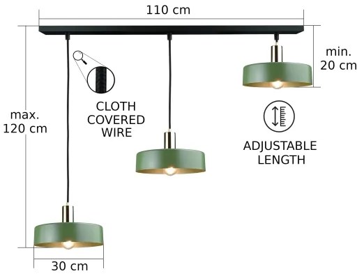 Lampadario a sospensione con filo HAKI 3xE27/60W/230V verde/nero/cromo lucido