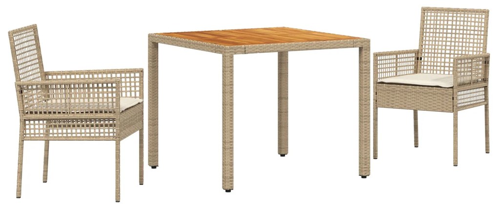 Set da pranzo da giardino 3 pezzi con cuscini beige polyrattan