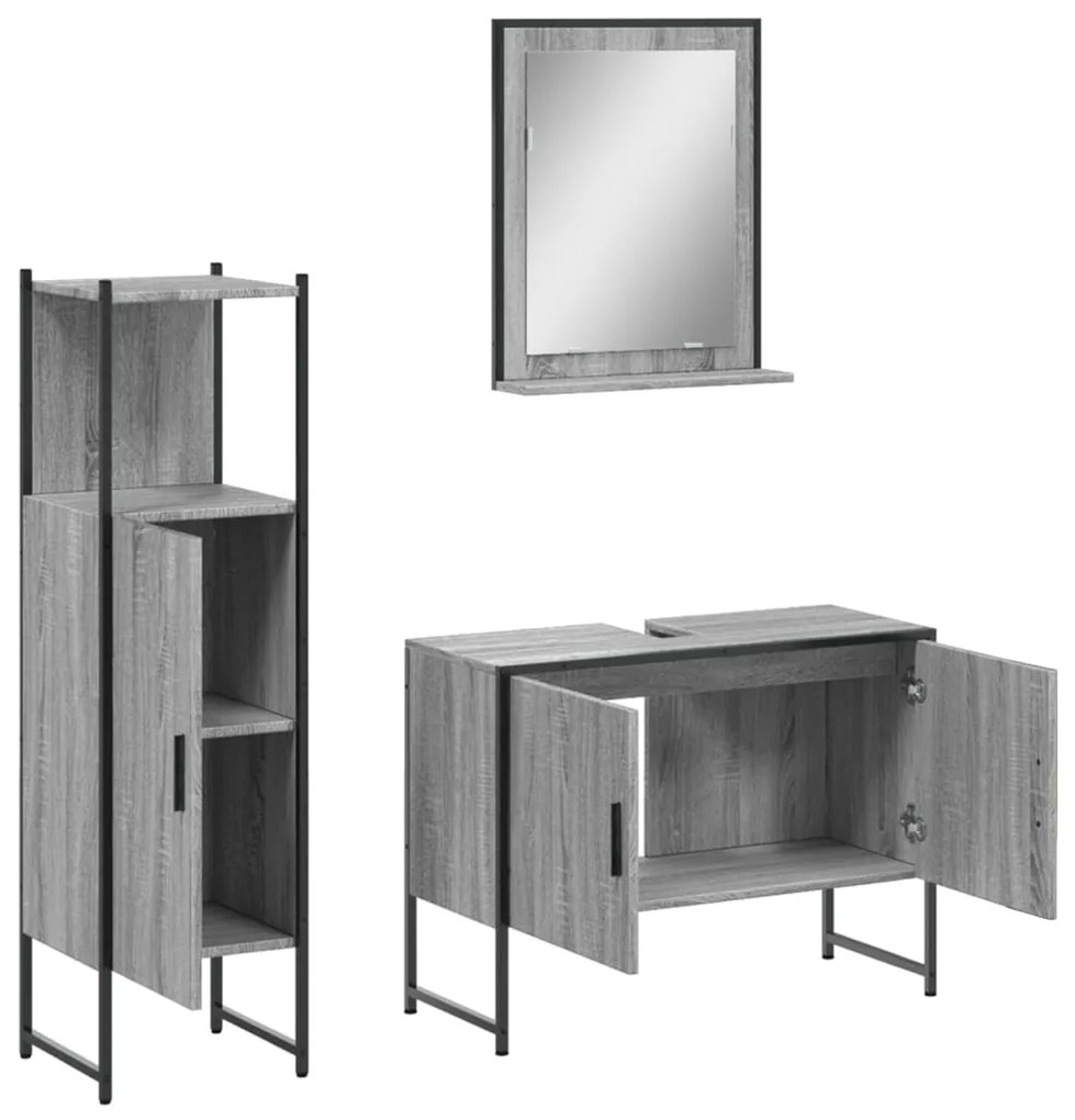 Set mobili da bagno 3 pz grigio sonoma in legno multistrato