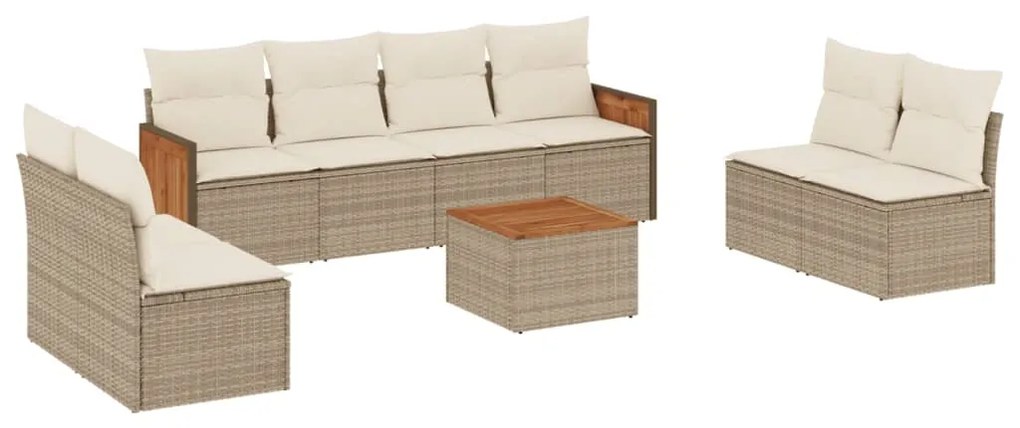 Set Divano da Giardino 9 pz con Cuscini Beige in Polyrattan