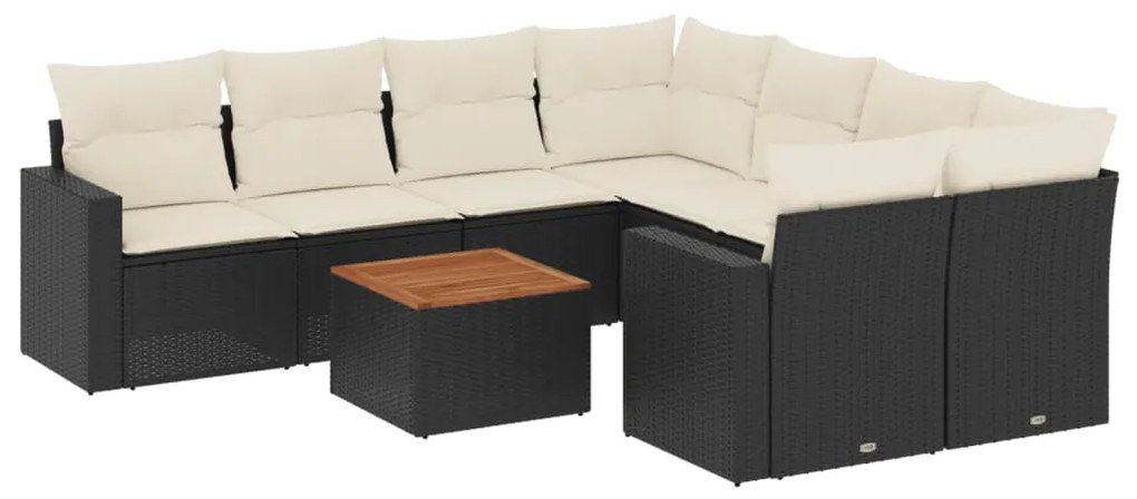 Set divani da giardino 9 pz con cuscini nero in polyrattan