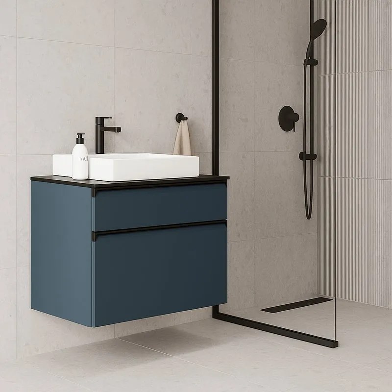 Mobile da bagno sospeso sotto lavabo L 99.5 x H 60 x P 45.5 cm blu opaco, 2 cassetti Fusion