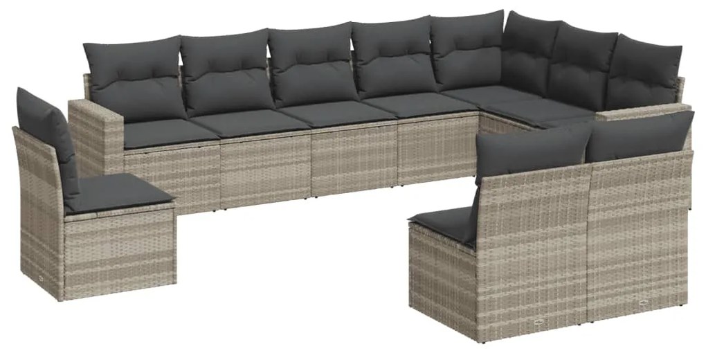 Set divano giardino 10 pz con cuscini grigio chiaro polyrattan