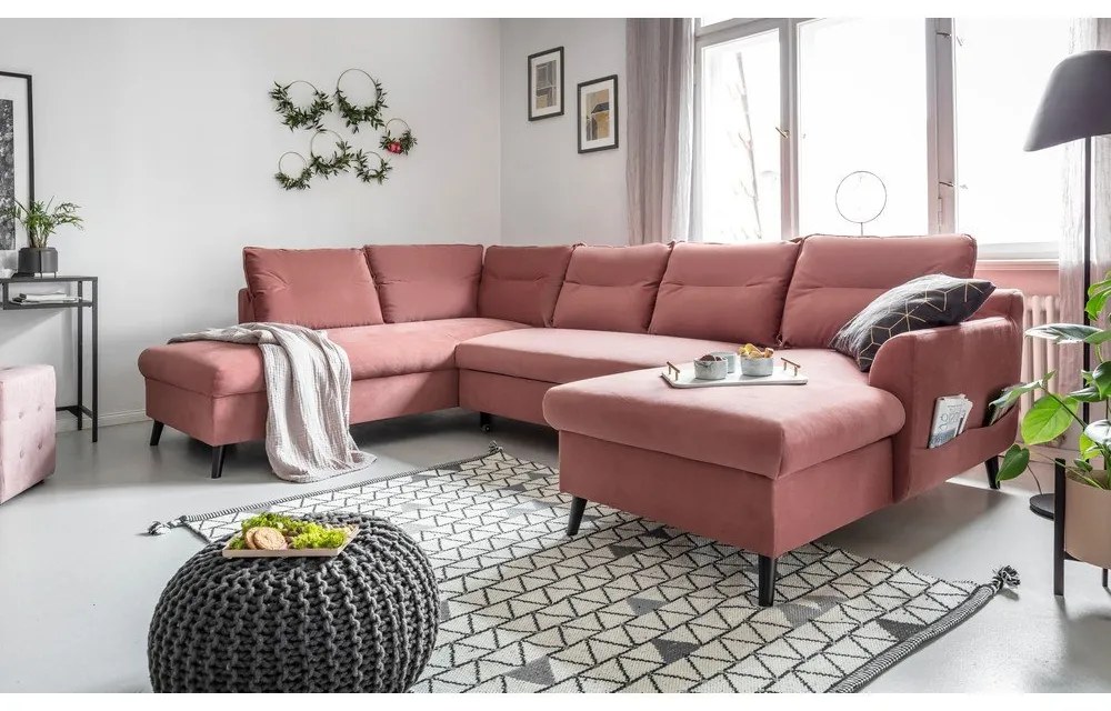 Divano letto a U in velluto rosa, angolo sinistro Stylish Stan - Miuform