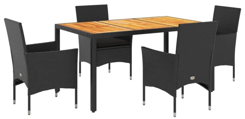 Set pranzo da giardino 5 pz con cuscini nero polyrattan acacia