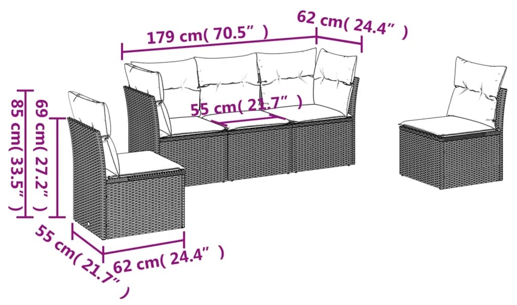 Set divano da giardino 5pz con cuscini grigio chiaro polyrattan