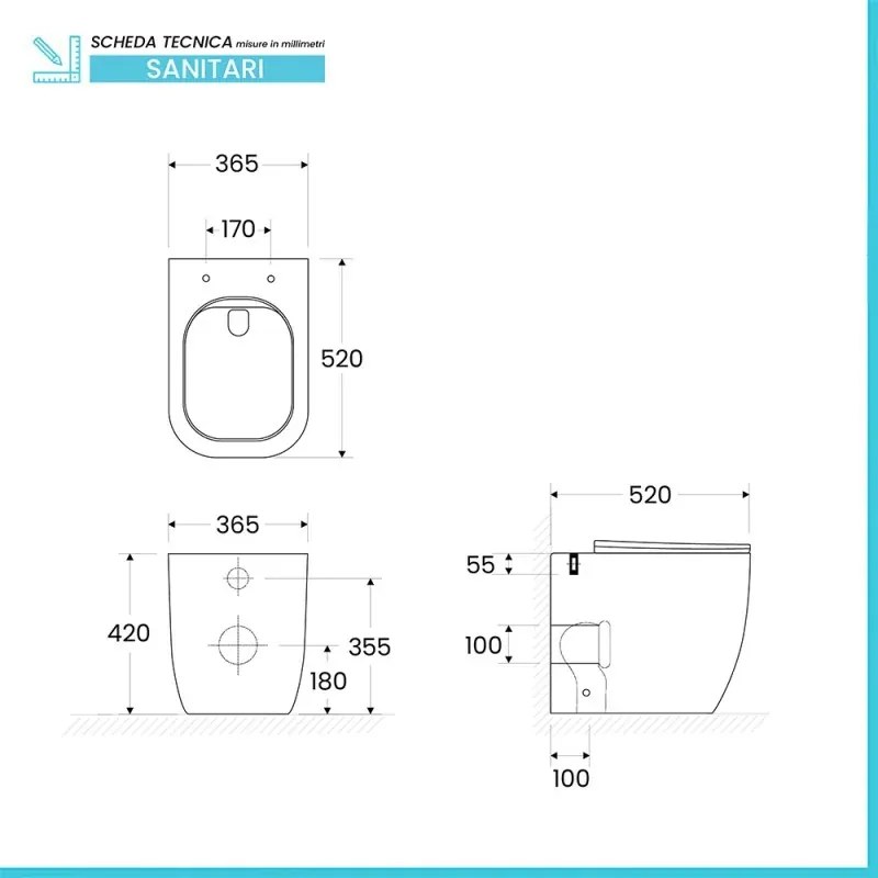 Wc filomuro bianco design quadrato in ceramica con scarico Rimless Kayra
