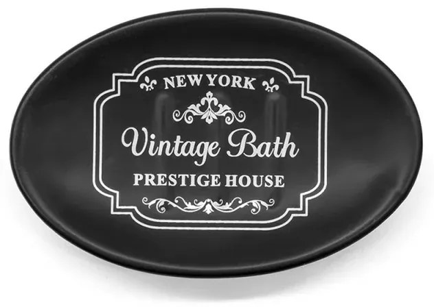 Portasaponetta in ceramica nera con stampe a contrasto bianche vintage