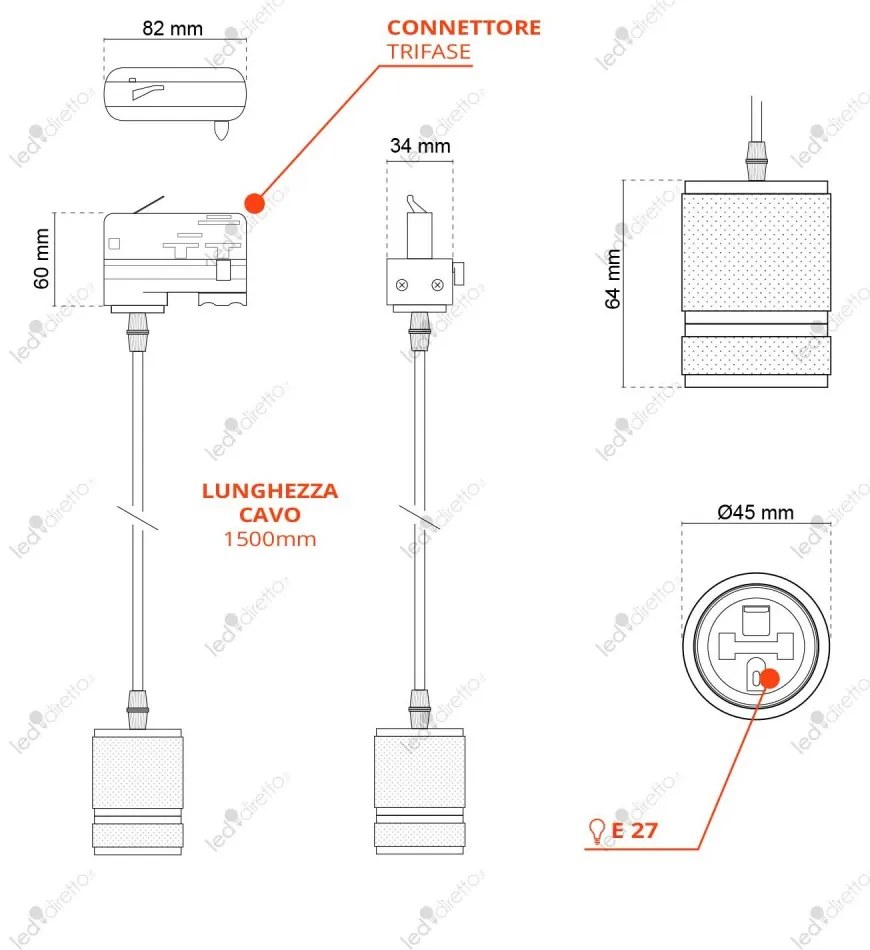 Lampada a Sospensione E27 per Binario Trifase - Nera Faro a binario  Monofase / E27