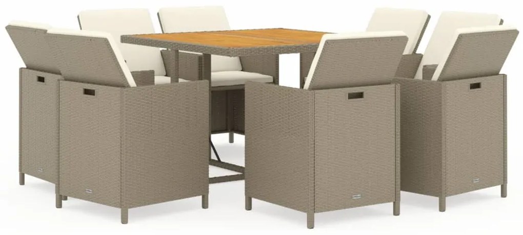 Set da pranzo per giardino 9pz con cuscini in polyrattan beige