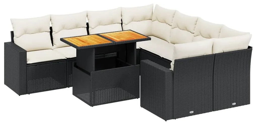 Set divani da giardino 9 pz con cuscini nero in polyrattan