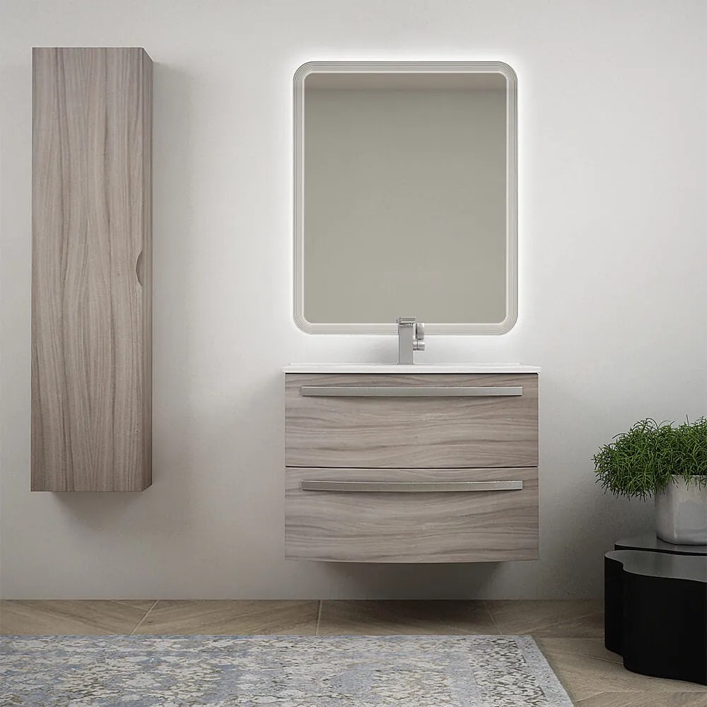 Mobile bagno 75 cm Larice sospeso bombato - Berlino con specchio led e colonna da 140 cm