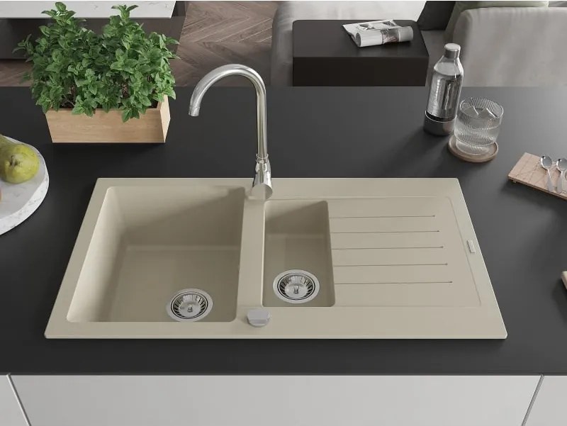 Mexen Matias lavello in granito 1,5 vasche con gocciolatoio 900 x 505 mm, beige, sifone cromato - 6502901505-69