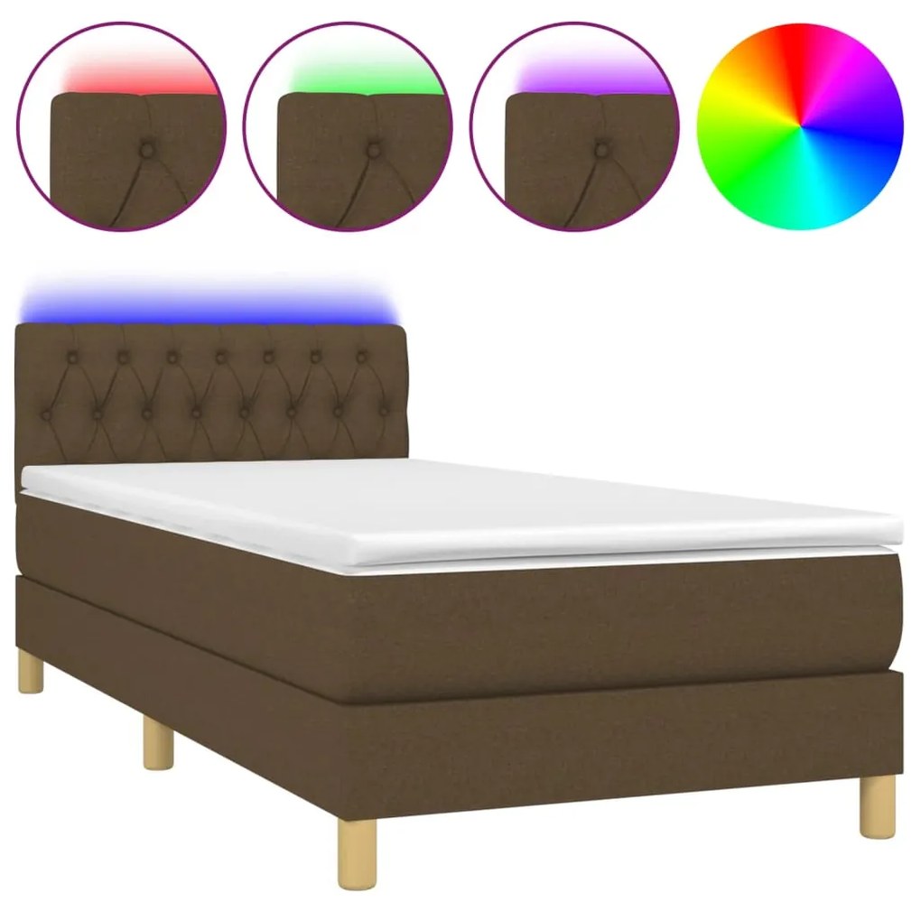 Letto a molle materasso e led marrone scuro 90x190cm in tessuto