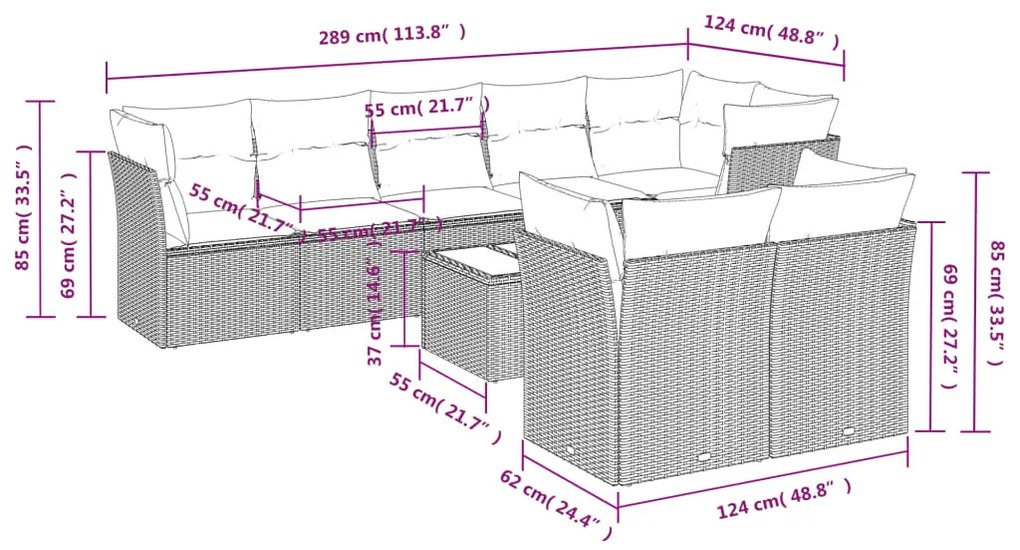 Set divano da giardino 9 pz con cuscini beige in polyrattan