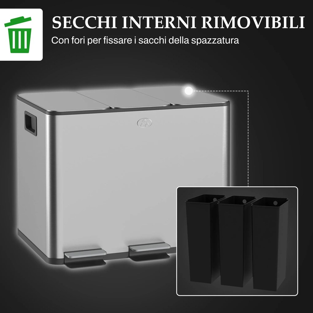 Pattumiera a Pedale 3 Sezioni da 20L 61,9x36,6x56,7 cm in Acciaio Inox e PP...