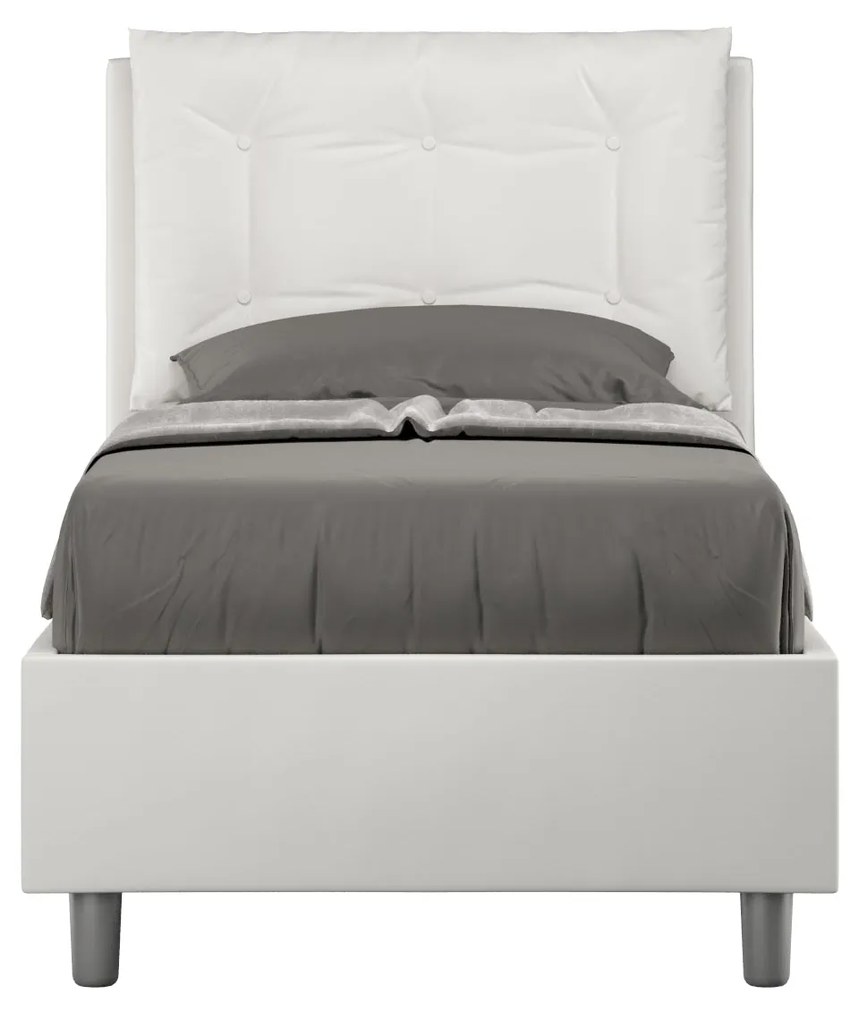 Letto singolo imbottito similpelle Annalisa senza rete, con rete, contenitore, Bianco / Contenitore