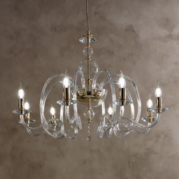 Lampadario a sospensione VIVALDI a 8 luci in vetro lavorato a mano D88 cm Trasparente/Oro