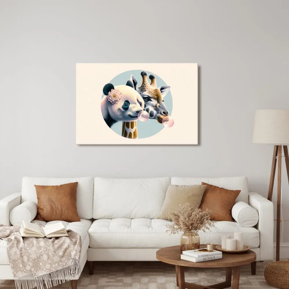 Quadro su tela – Panda e giraffa con bolla di gomma