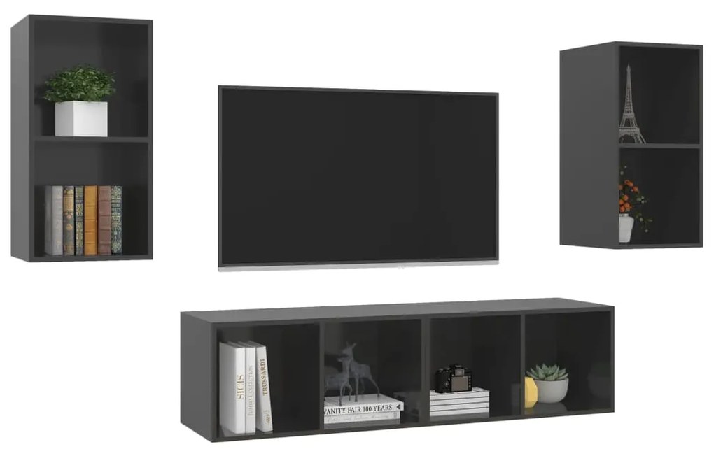 Mobile tv a parete 4 pz grigio lucido in truciolato