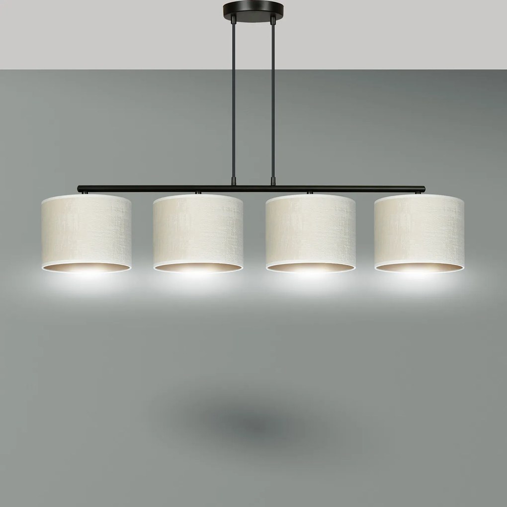 Lampadario 4 Luci Ganesha In Acciaio Nero E Paralumi In Tessuto Beige
