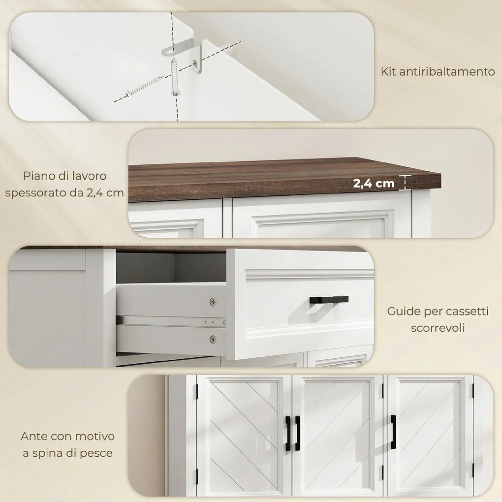 Credenza da Cucina 110x35x80,5 cm con 3 Ante a Fienili 2 Cassetti e 2 Ripiani Regolabili in Legno Bianco...