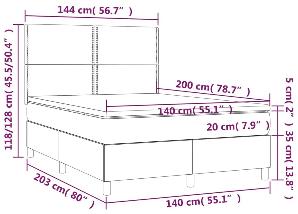 Letto a Molle con Materasso e LED Grigio Scuro 140x200 cm