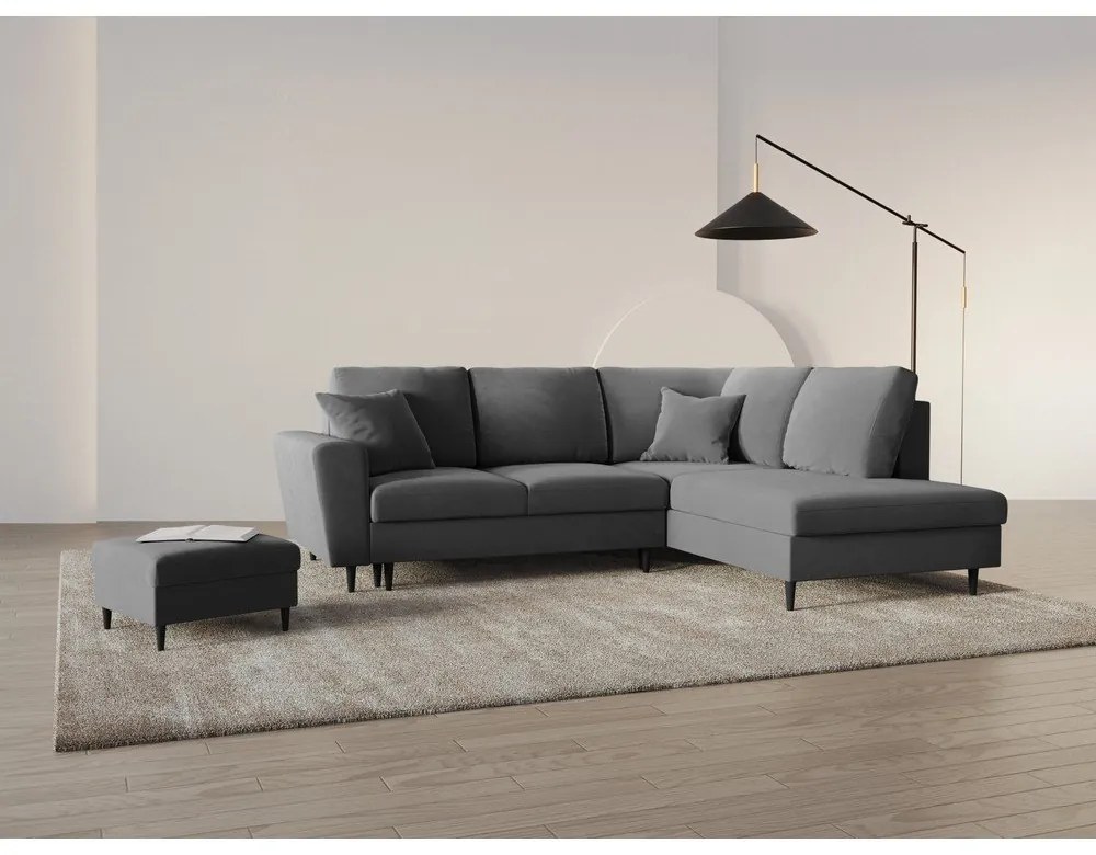 Divano angolare grigio chiaro allungabile e con contenitore (con penisola a destra/a L) con rivestimento in velluto Kyoto – Cosmopolitan Design