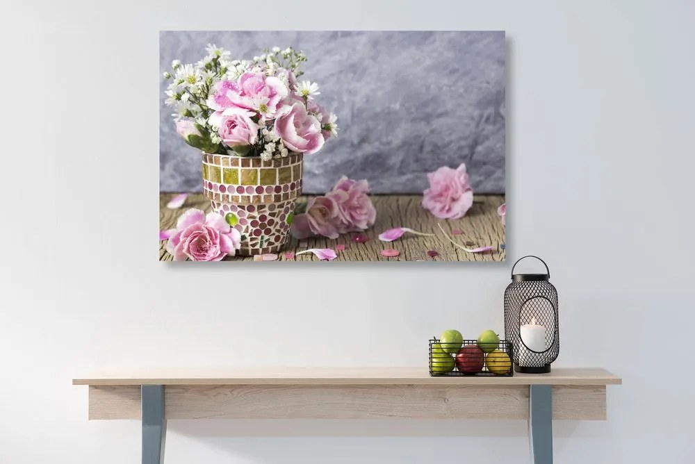 Quadro su tela – Fiori di garofano in vaso a mosaico