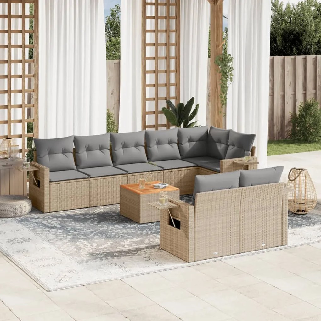 Set divano da giardino 9 pz con cuscini beige in polyrattan