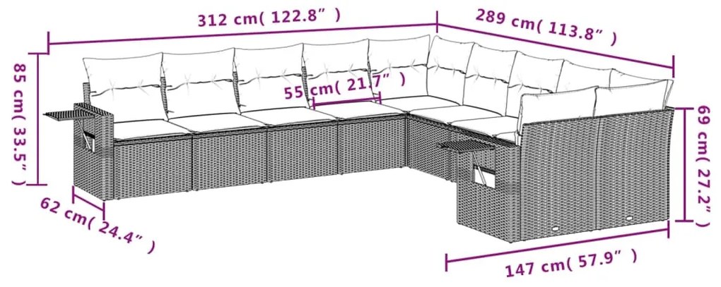 Set Divani da Giardino 10pz con Cuscini in Polyrattan Nero