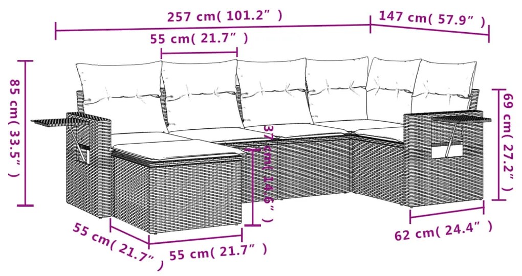 Set divano da giardino 6 pz con cuscini nero in polyrattan