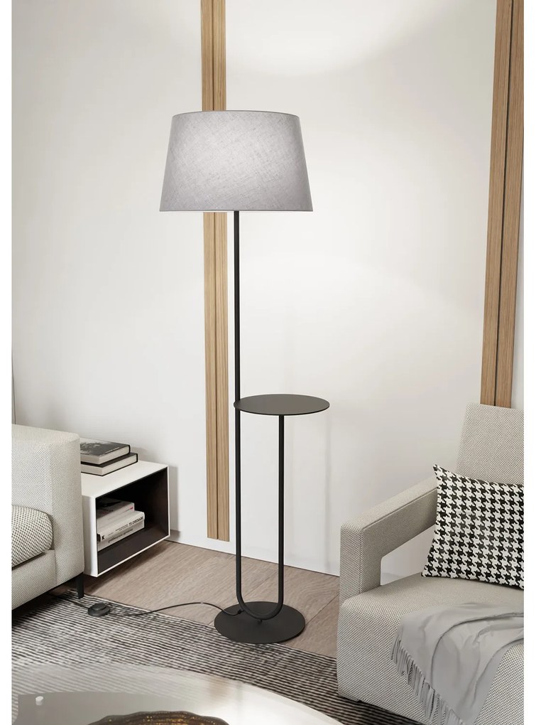 Piantana 1 Luce Horus Paralume In Tessuto Grigio Con Mensola In Acciaio Nero