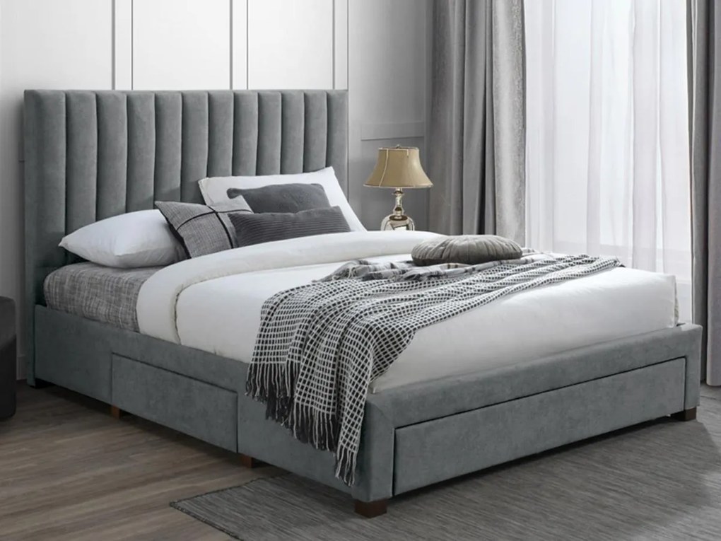 Letto con 3 cassetti 140 x 200 cm Tessuto Grigio + Materasso - LIAKO