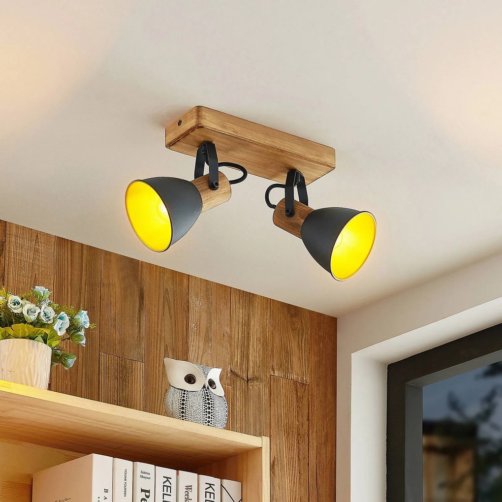 Lindby faretto da soffitto Merela, nero/oro, a 2 luci, legno, E14