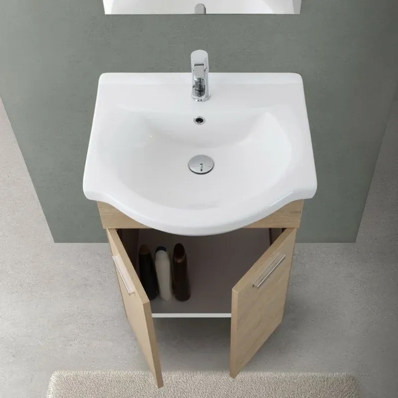 Mobile bagno a terra 55 cm Rovere Dolomite completo di lavabo e specchio Desya