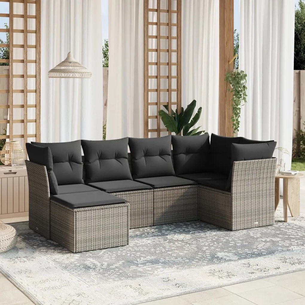 Set Divano da Giardino 6 pz con Cuscini Grigio in Polyrattan