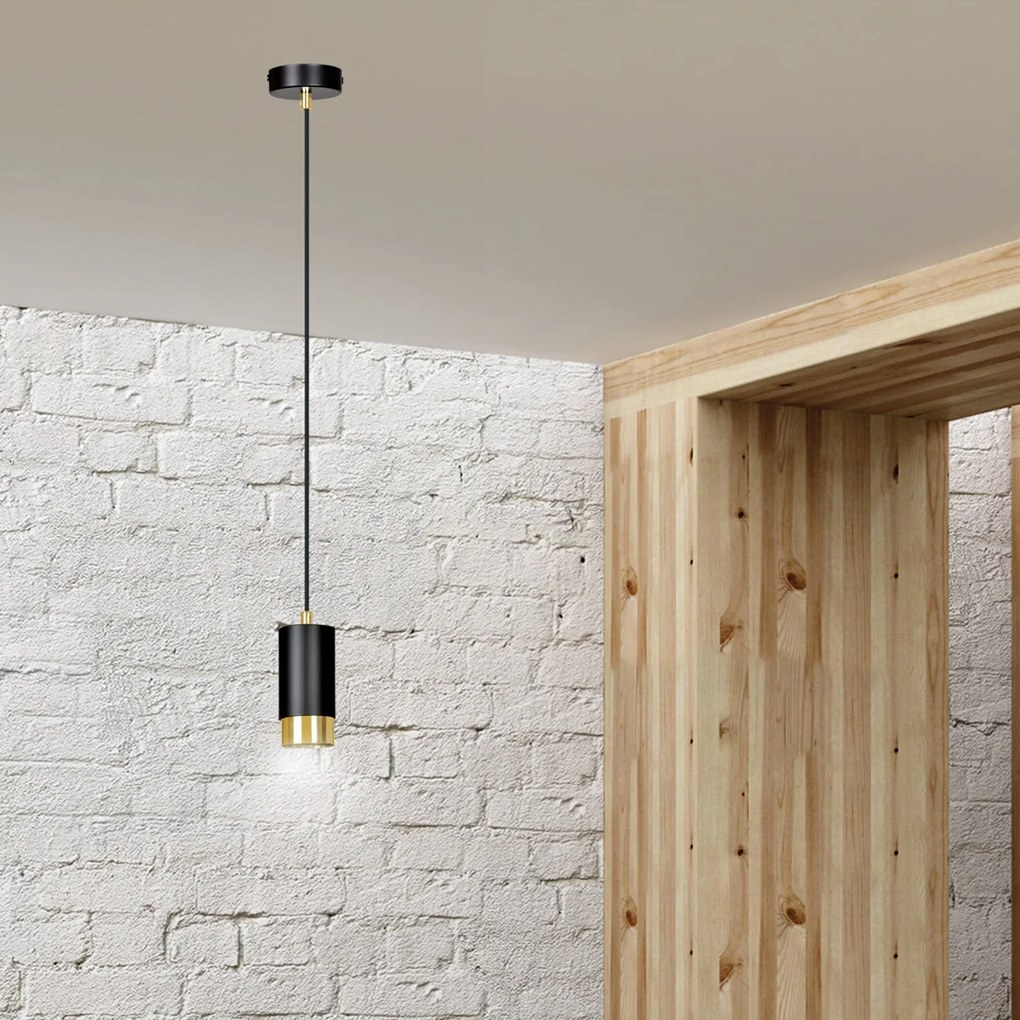 Sospensione Moderna 1 Luce Ivar A Cilindro In Acciaio Nero E Oro