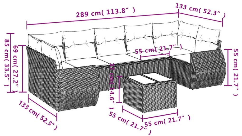 Set divano da giardino 8 pz con cuscini beige in polyrattan