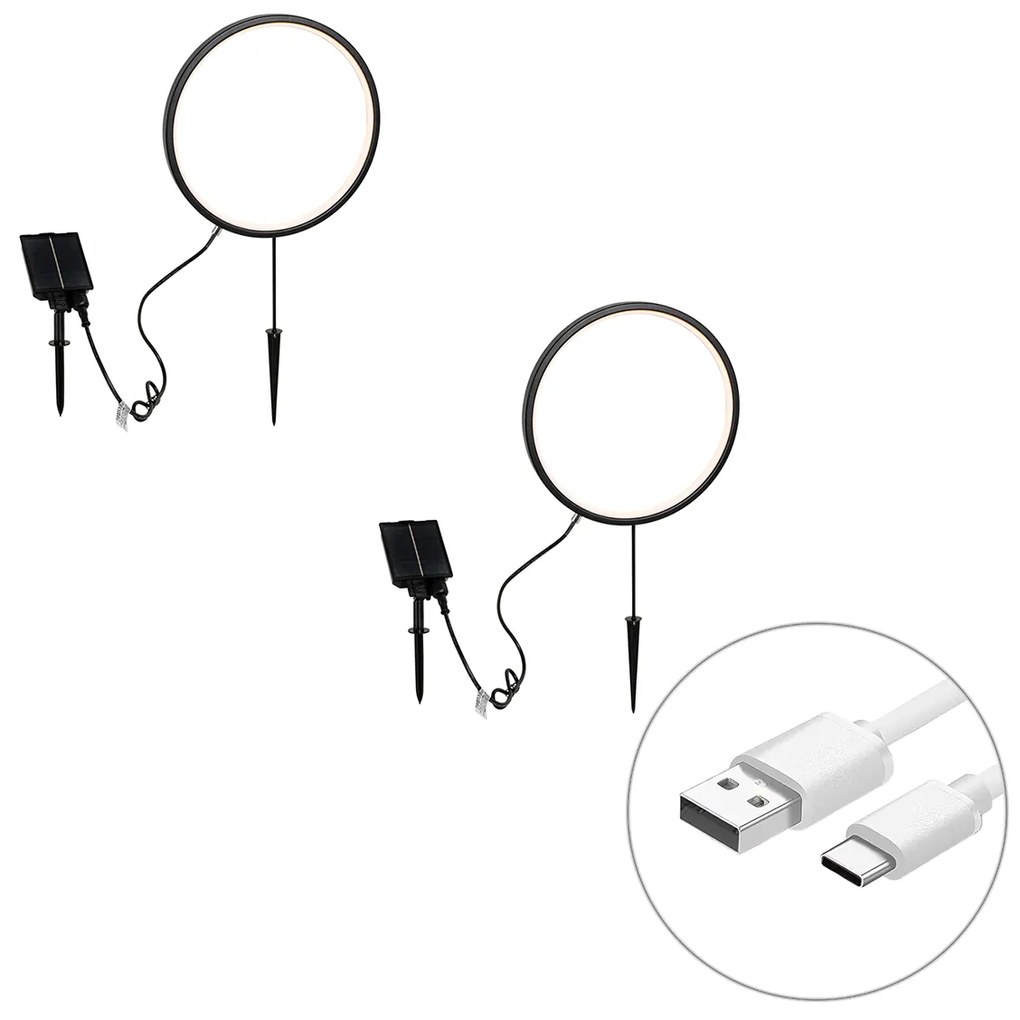 Set di 2 faretti da terra neri 60cm con LED ricaricabili e pannello solare IP65 - Adalind