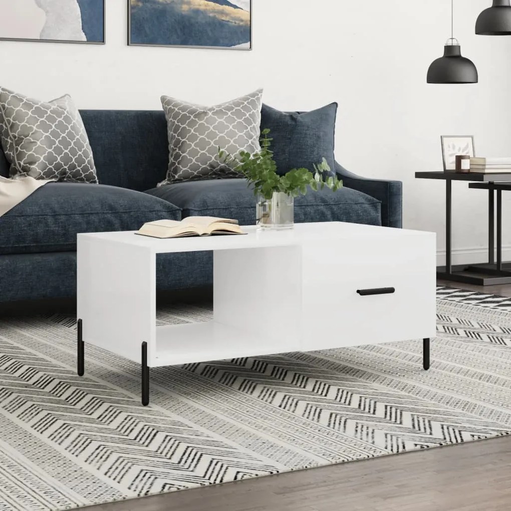 Tavolino Da Salotto Bianco Lucido 90x50x40 Cm Legno Multistrato /