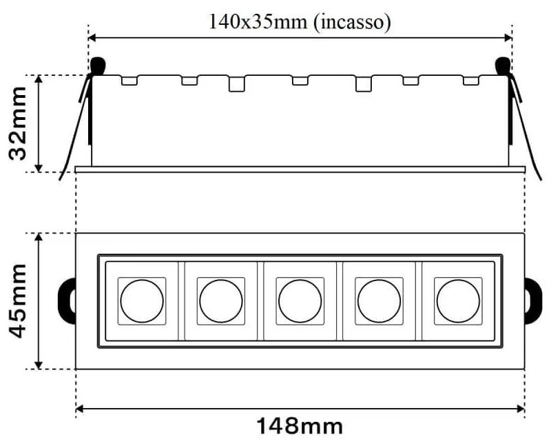 Faro LED Incasso 12W Nero Rettangolare Foro 140x35mm CRI92 Colore Bianco Naturale 4.000K